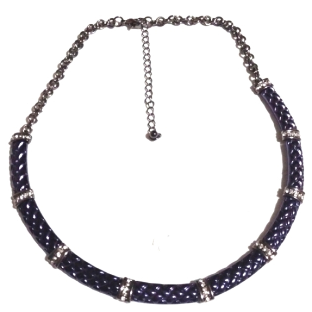 VINTAGE PURPLE ENAMEL RHINESTONE EMBELLISHMENT COLLAR CHOKER 17 - 20" NECKLACE